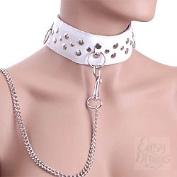 Белый ошейник из кожи с цепочкой-поводком Белый ошейник из кожи с цепочкой-поводком